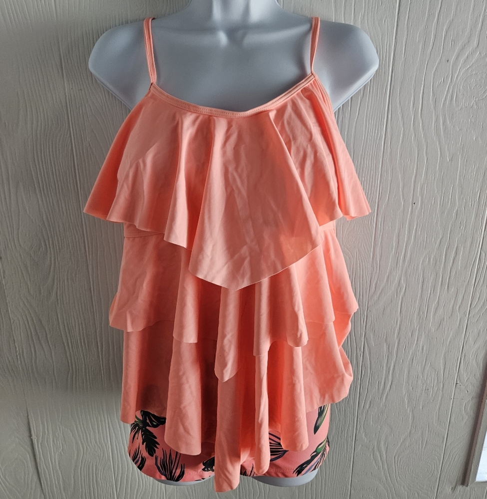Peach Layered Ruffle Swim Top With Tropical Swim Shorts 2XL